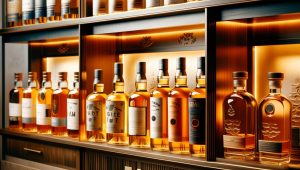 様々なボトルのウイスキーが棚に並んでいる