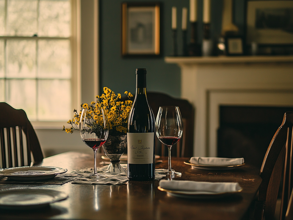 ワインボトルとグラスに注がれたワイン